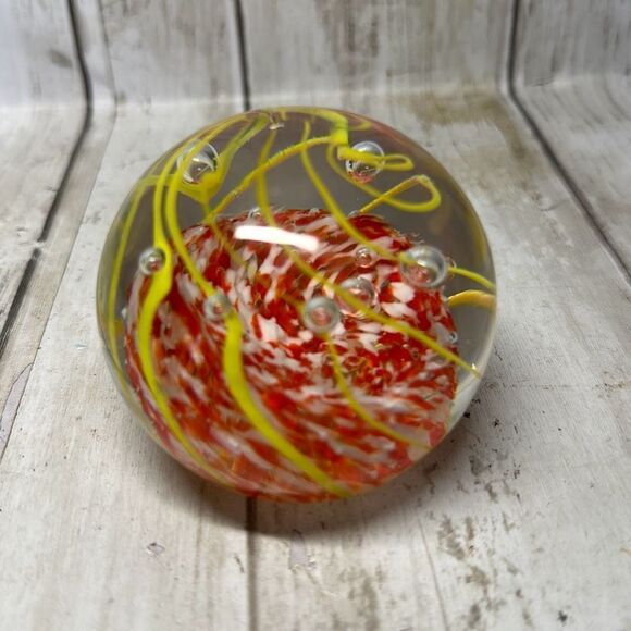 Art Glass Dome Paperweight Yellow Swirl Red White Controlled Bubbles - Picture 3 of 6